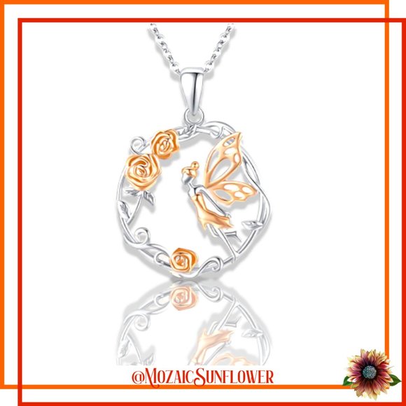 Fairy and 3 Rose's In A Wreath Silver and Gold Necklace 19" Chain (NWT) - Picture 1 of 3